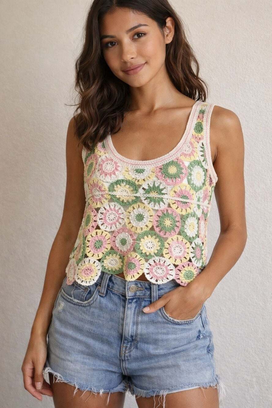 Papaya Crochet Knit Floral Sleeveless Tank Top Size Large  Cottagecore Y2K
